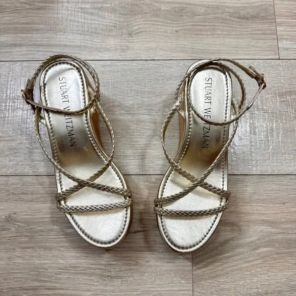 Stuart Weitzman Wovette Gold‎ Metallic Leather Woven Wedge Braided Sandal Heel 9